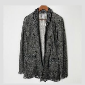 Chicos Blazer Jacket Shacket Long Line Black White Frayed Hem Button Front Sz 0